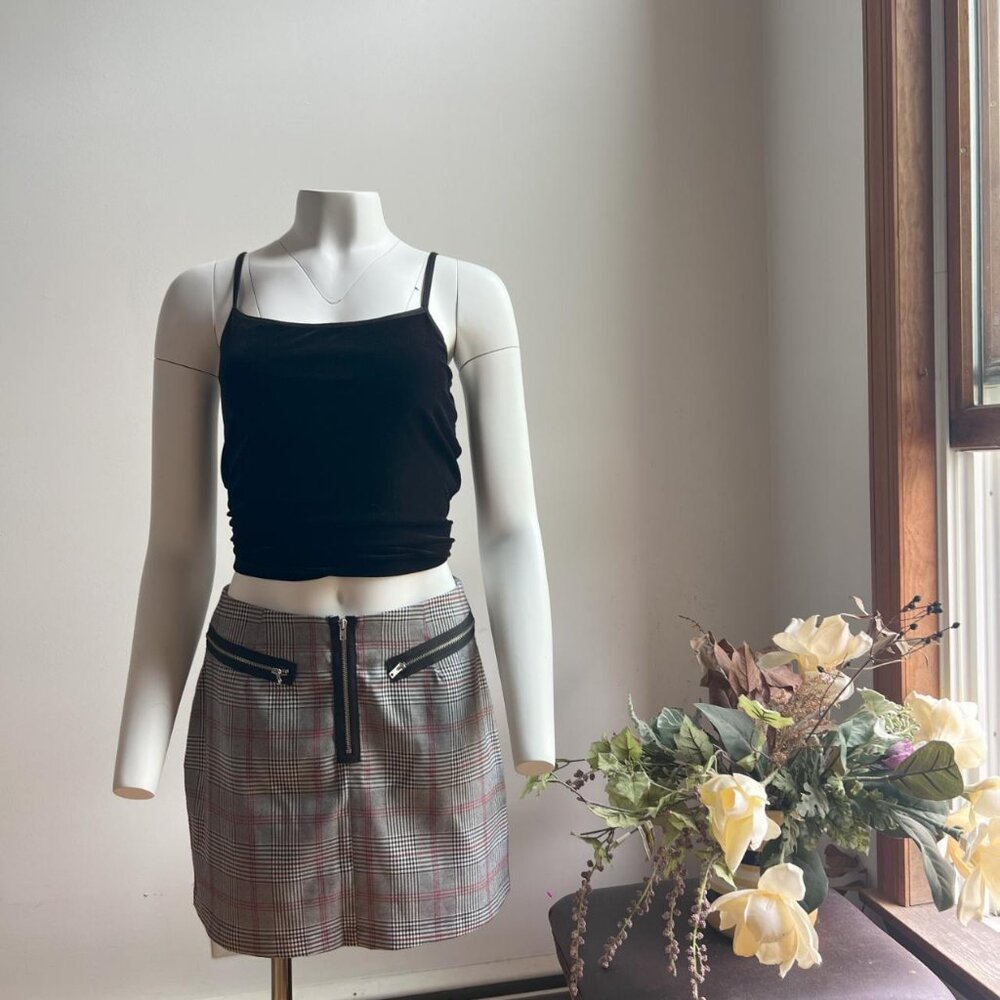Plaid Mini Skirt with exposed zipper accents